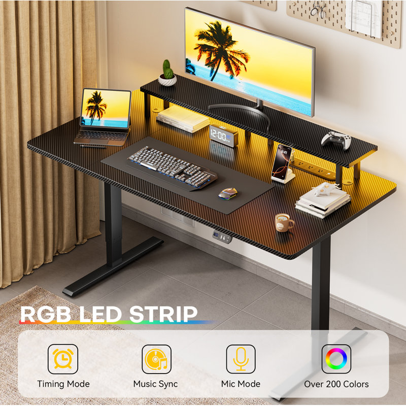 Electric Standing Desk 47", Height Adjustable Sit‑Stand Desk with Monitor Riser, RGB LED Lights & Built‑in Power Strip, Carbon Fiber Surface Stand Up Computer Desk for Home Office Gaming Workstation