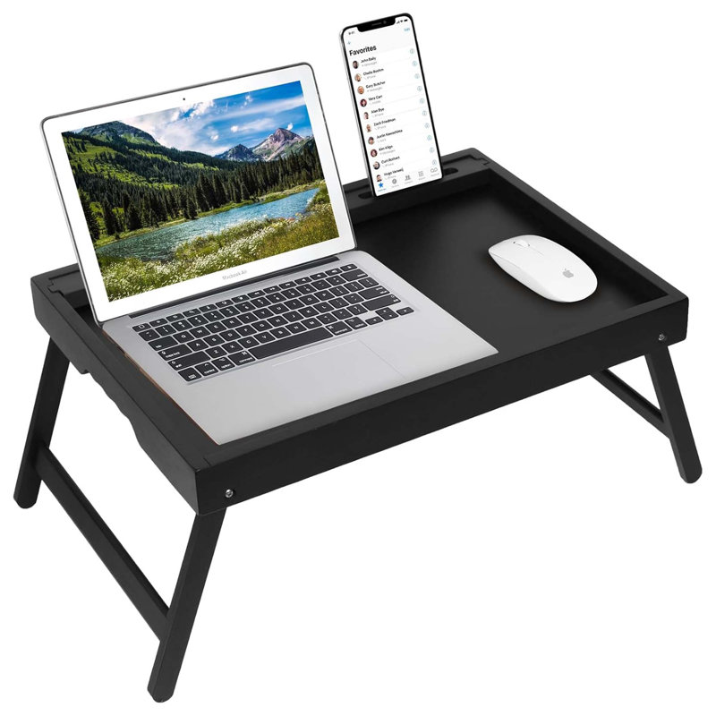 Folding Bamboo Bed Tray Table with Handles and Media Slot for Breakfast, Laptop, Snack, TV, Kitchen Serving
