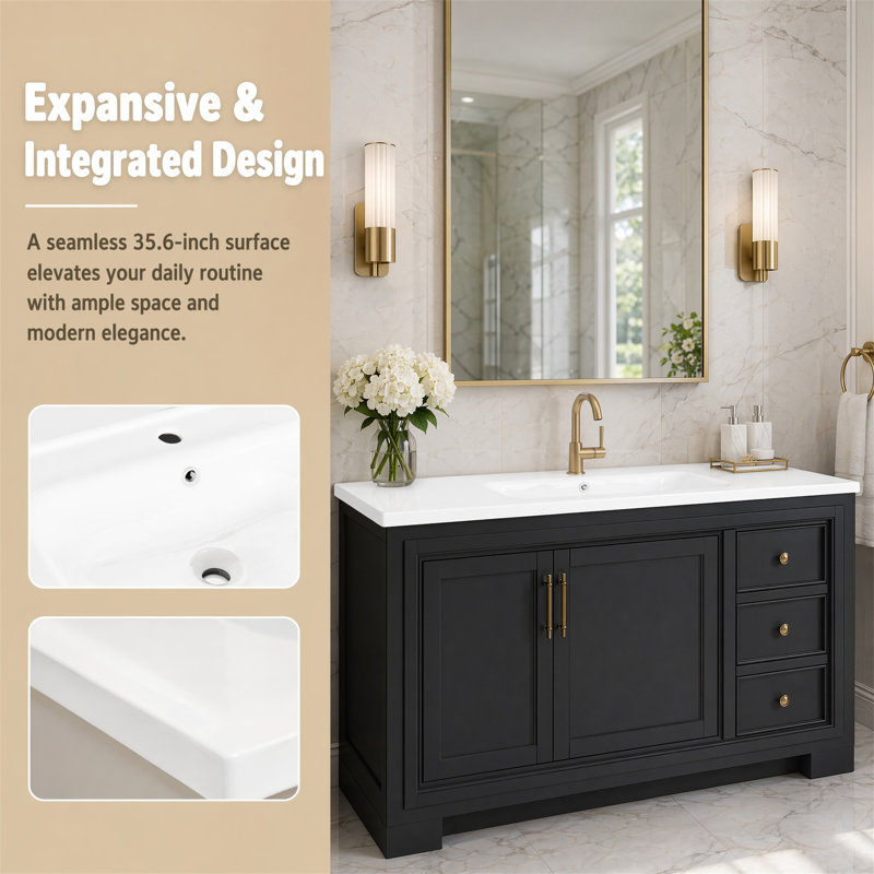 Lavabo de salle de bain encastré en céramique blanche 35,6 "avec trop-plein, trou de robinet simple