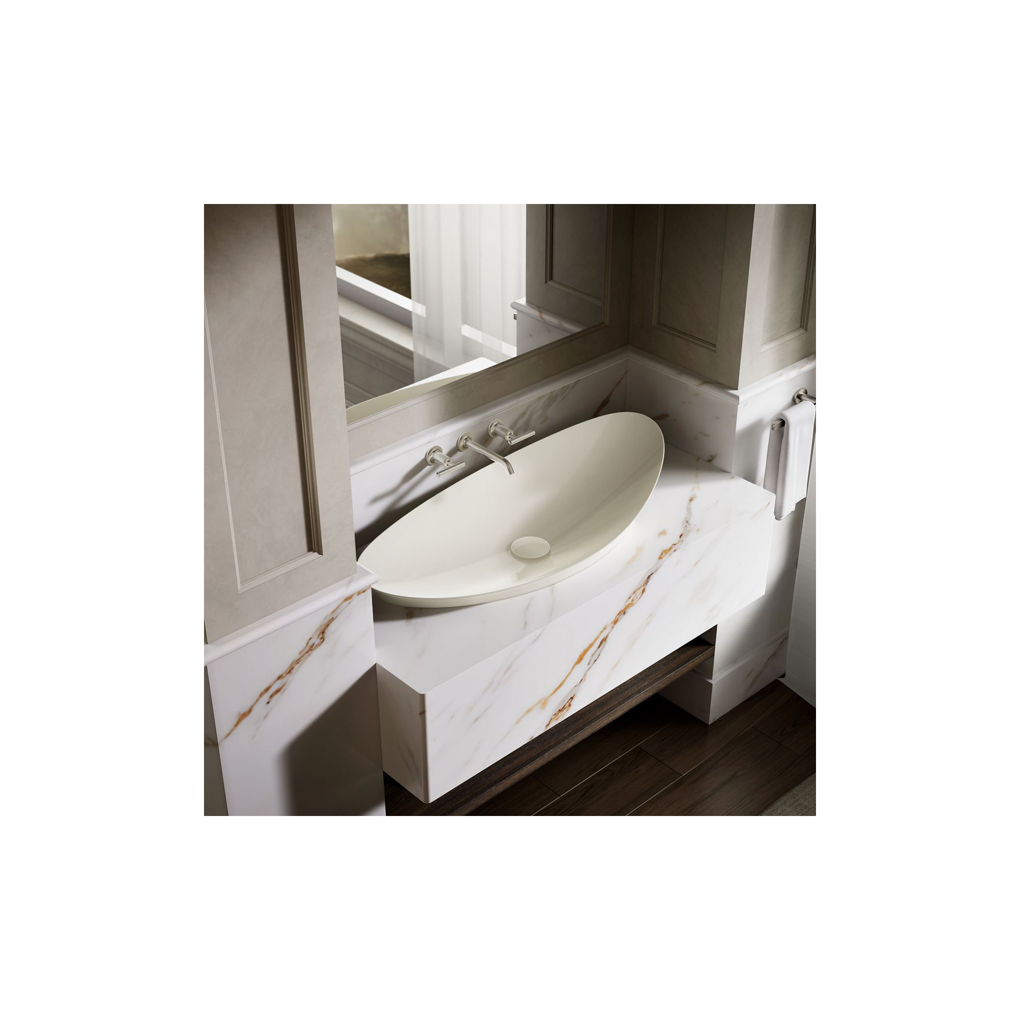 Veil Trough Fireclay Specialty Vessel Bathroom Sink, Biscuit
