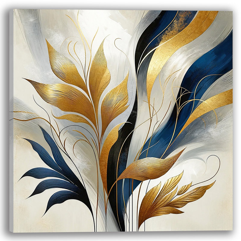 Sweeping Gold Botanica - Abstrait bleu marine et feuille d'or sur toile, H 30 po x l 30 po x P 1,5 po