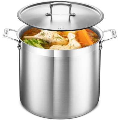 Stainless Steel Stockpot with Lid, 20 Quart, 18/8 Steel, Even Heating Base, Riveted Handles, Oven & Stove Safe to 500°F
