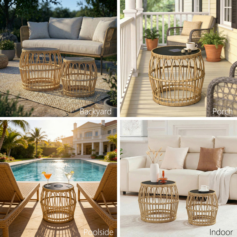 Solar Powered Boho Nesting Coffee Tables Set of 2