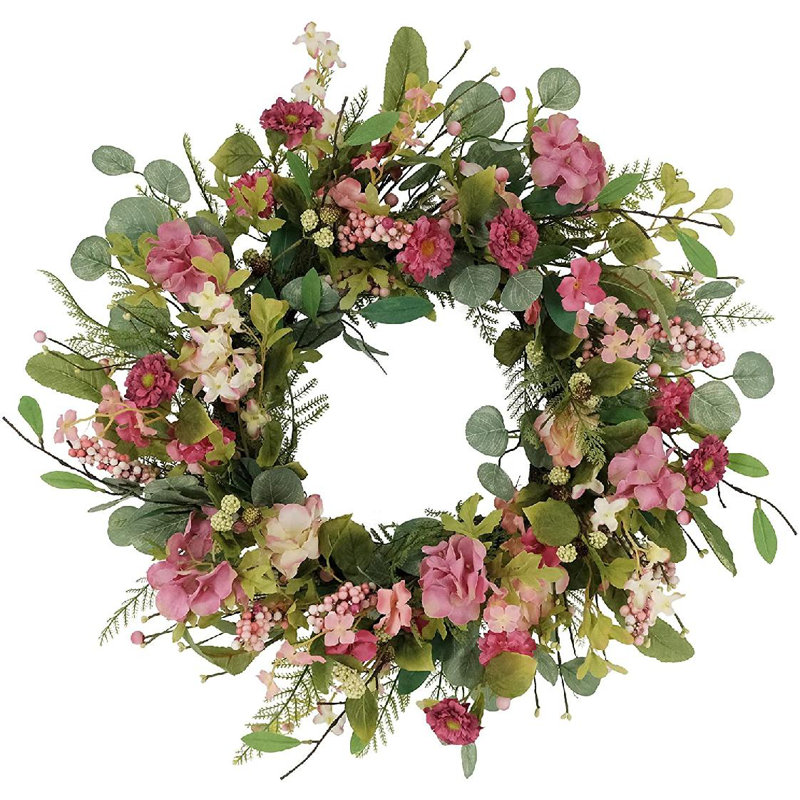24" Artificial Chrysanthemum And Hydrangea Floral Spring Wreath   