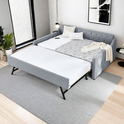 Full Size Upholstery Daybed With Twin Size Erectable Trundle And USB Charging Design, Linen -  Latitude RunÂ®, D9AE861F5B3E4ACBB53A37BB70802030