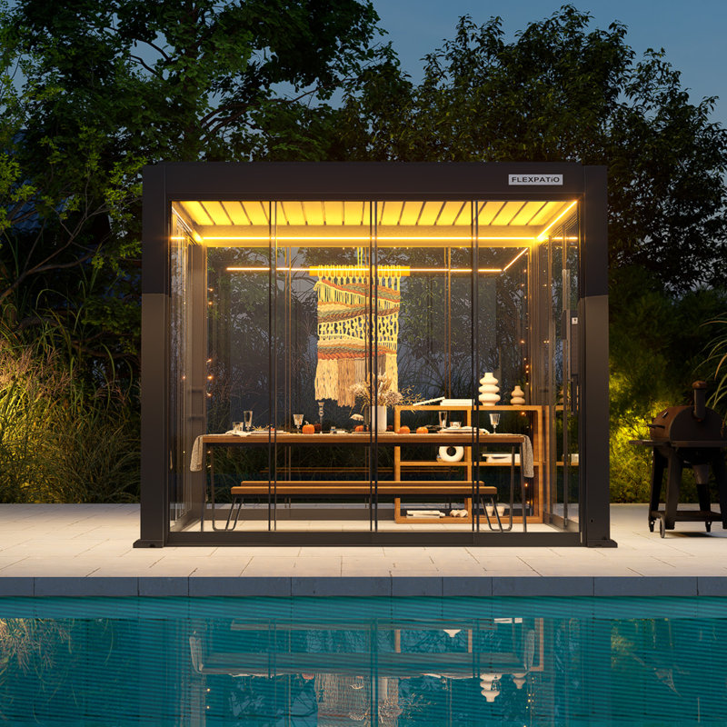 Flexpatio Power+ Pro Motorized Pergola Outdoor Louvered Pergola With 4-Side Sliding Glass Doors