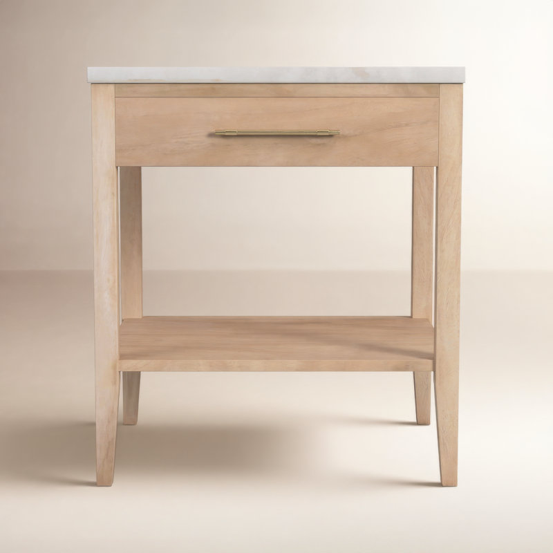 Mayfair 1 Drawer Wood and Marble Nightstand, Natural/Ivory