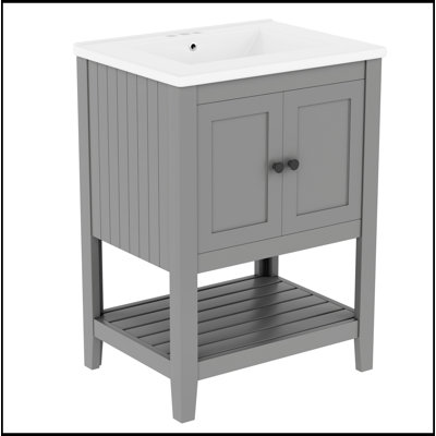 Lavabo de salle de bain moderne élégant en céramique 24 po avec tablette ouverte en bois massif