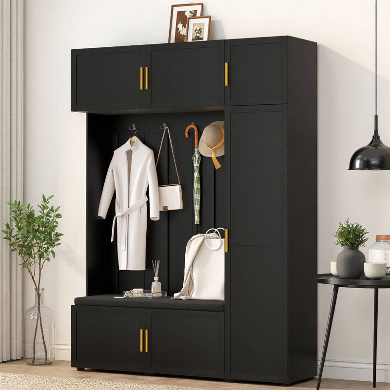 79.72" 4-in-1 Hall Tree with Padded Bench, 4 Hooks & Multi-Tier Storage Shelves, American-Style Entryway Organizer with Shoe Bench, Coat Rack & Open Shelves for Hallway, Mudroom