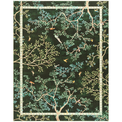 Floral Rug Botanical Birds Print Nature Plants Washable Non-slip