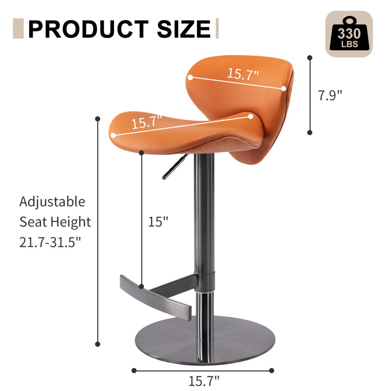 Tabouret de bar rotatif à hauteur ajustable moderne avec structure en acier titane et siège écologique en cuir Napa, Orange