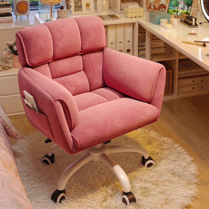 Upholstered Office Chair With Side Pockets, White, Pink