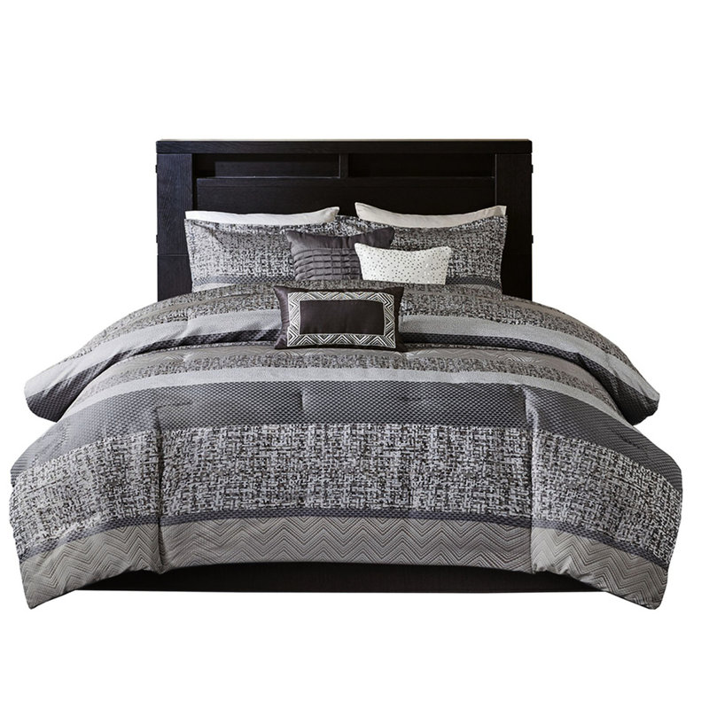 Édredon bleu marine - 7 pièces avec motif de rayures de literie élégantes, Gris/taupe