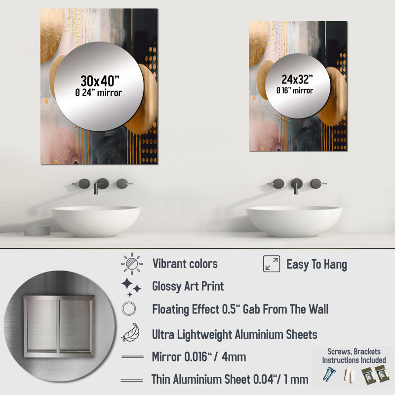 Eaubonne Metallic Circles On Marble Energy III - Marble Mirror, Gold Decorative Wall Mirror, Printed Metal Art, 40" x 30"