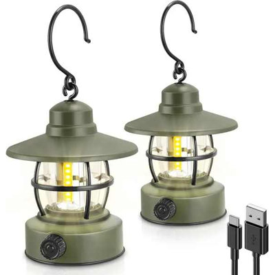 Camping Lantern Rechargeable Battery Powered 2 Pack , Camping Gear Must Haves, Camping Accessories, Retro Camping Light Waterproof Hanging LED Tent Lamp for Outdoor Hiking Fishing (Dark Green)
