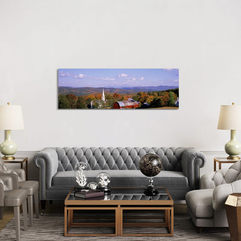 High Angle View Of Barns In A Field, Peacham, Vermont, USA - Wrapped Canvas Panoramic Print
