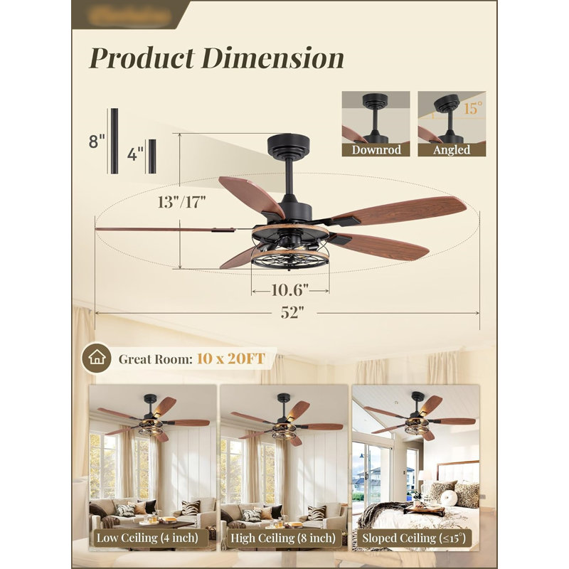 Farmhouse Ceiling Fan With Light And Remote, Black Industrial Caged Flush Mount Ceiling Fans With 6 Speed Reversible Motor And Dual Finish 5 Blades, Rustic Ceiling Fan For Living Room, Bedroom