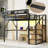 Full Size Metal Loft Bed with Desk, Charging Station, Stairs & Light, Kids Teens Loft Bed Frame, Black