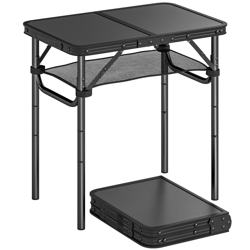Outsunny 3ft Folding Camping Table with Mesh Storage Layer, 70cm H x 60cm L x 40cm D, Black