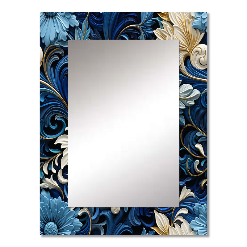 Motif victorien tourbillon de volutes bleu cobalt Hutchins - miroir décoratif floral, 32 po x 24 po