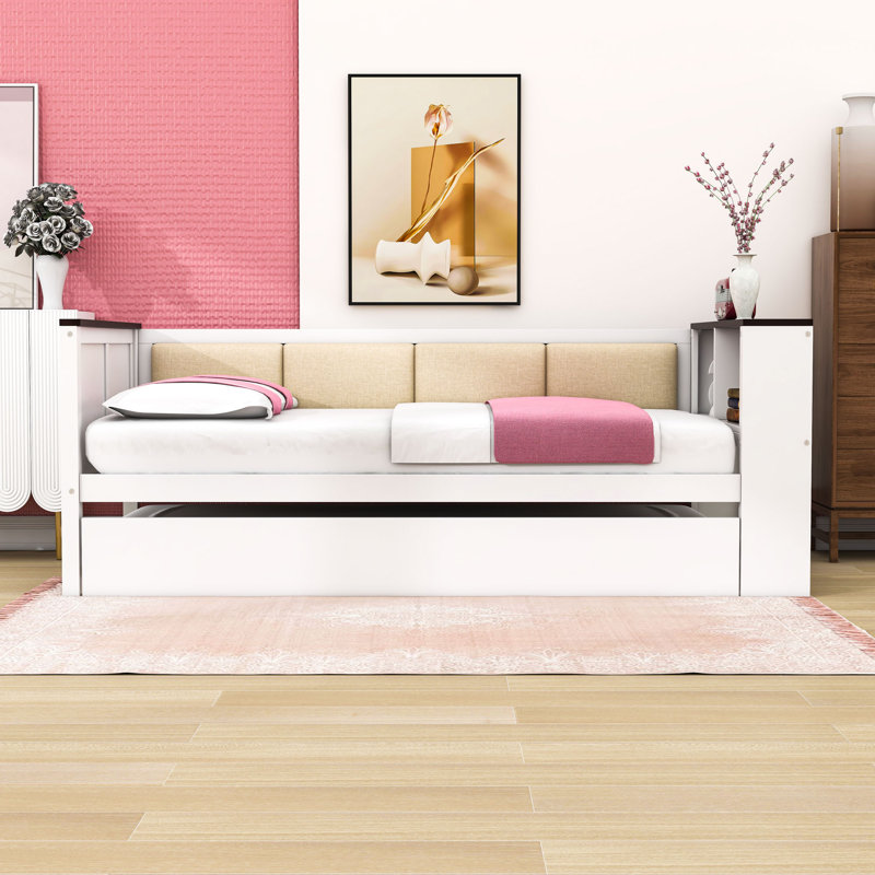 Wood Daybed with Twin Trundle, Shelves, Upholstered Backrest and Charging Station, Twin