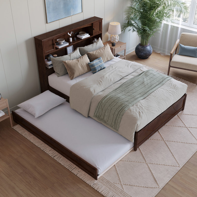 Lit plateforme avec rangement et lit gigogne Ashney, Noyer, Double