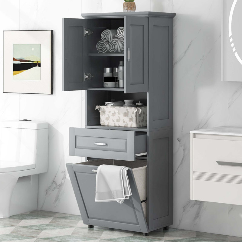 Tall Bathroom Cabinet With Laundry Basket, Large Tilt-Out Laundry Hamper And Upper Storage Cabinet, Gray