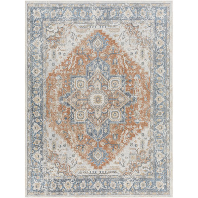 Tapis oriental en polyester tissé à la machine bleu foncé / rouille Bejarano Kirklin