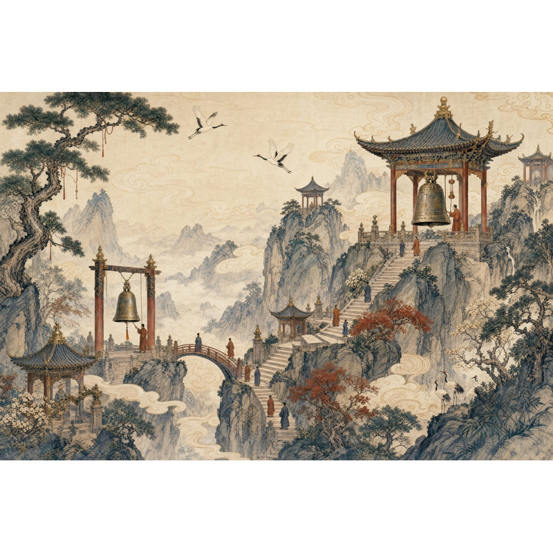 Papier peint paysage chinois Misty Mountains Swirling Clouds amovible, 100 po x 96 po, Non tissé