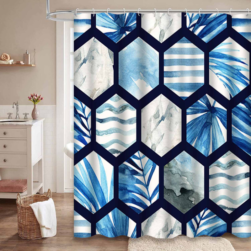 Abstrait géométrique foncé aquarelle hexagone feuilles de palmier vagues avec 12 crochets, L 72 po x l 78 po