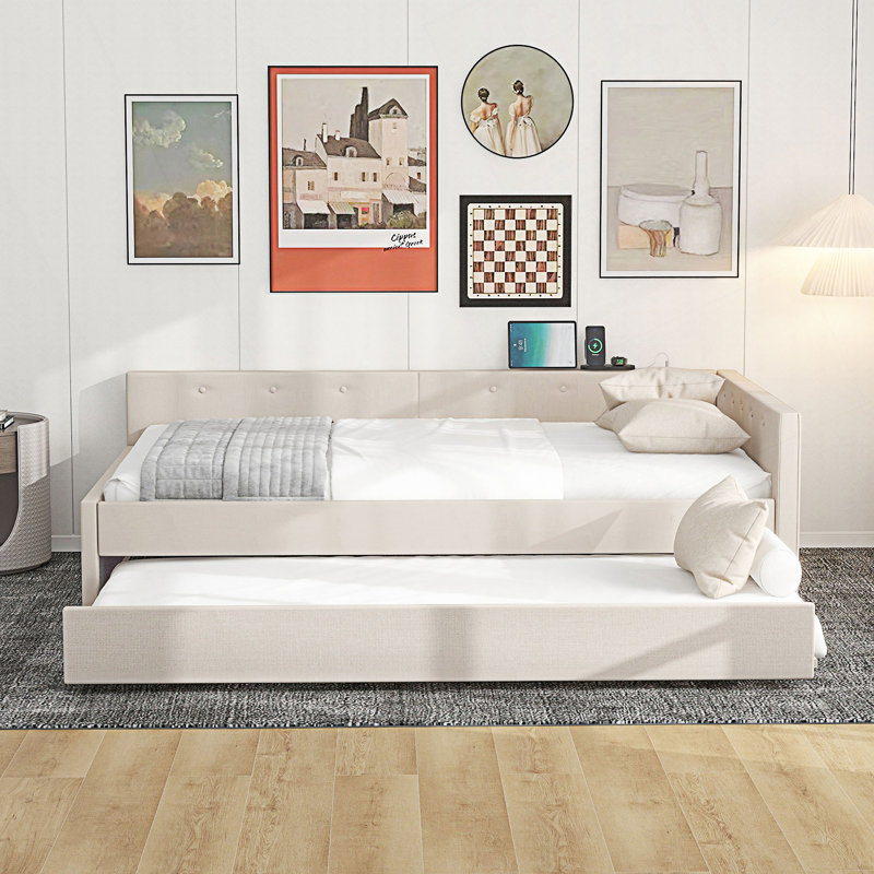 Lit plateforme tapissier avec port USB et gigogne, Full
