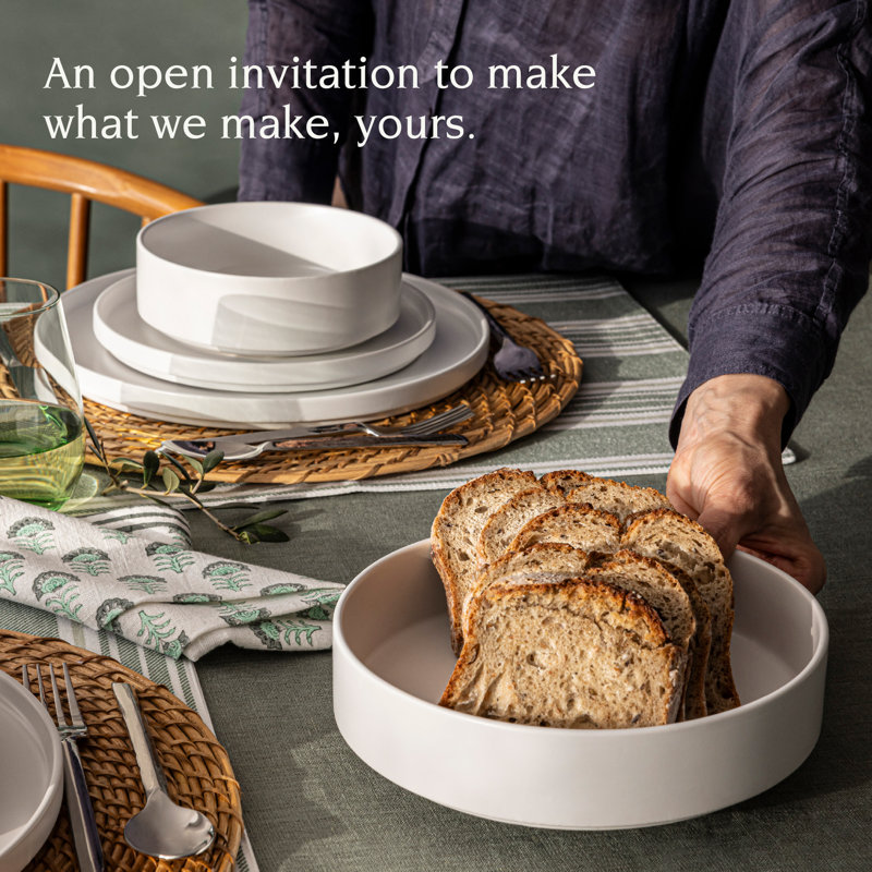 Overback Stackable 12-Piece Semi Hand-Finished Stoneware Dinnerware Set, Service for 4, White