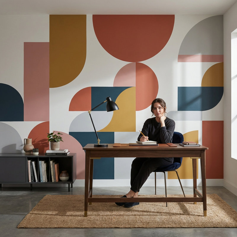 Papier peint fond blanc Mid Century Modern, L: 190 po x H: 108 po, Peler et coller
