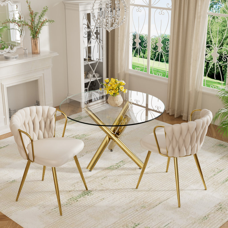 Elegant Round Glass Dining Table Set, Beige, 3 Pieces: Table, 2 Chairs, Gold