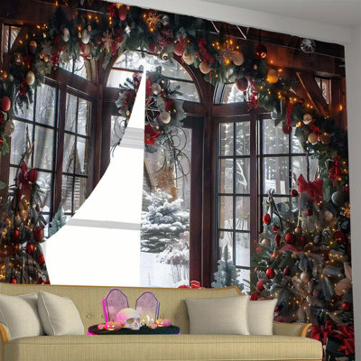 2Pcs Christmas Window Curtains with Holiday Scene - Winter Snowy Landscape Design, Rod Pocket Top Festive Home Decor for Living Room, Bedroom Light Filtering Polyester, Xmas Tree Decorative Treatment
