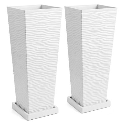 Modern Tall Rectangular Planter Box, 32 in Large Indoor/Outdoor Plant Pot - Removable Liner - Drainage Tray/Saucer - Patio Porch Backyard Decor, 2 Pack
