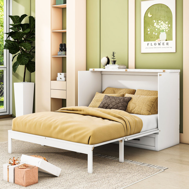 Lit escamotable élégant Annaelle avec grand rangement et charge USB, Double, Blanc