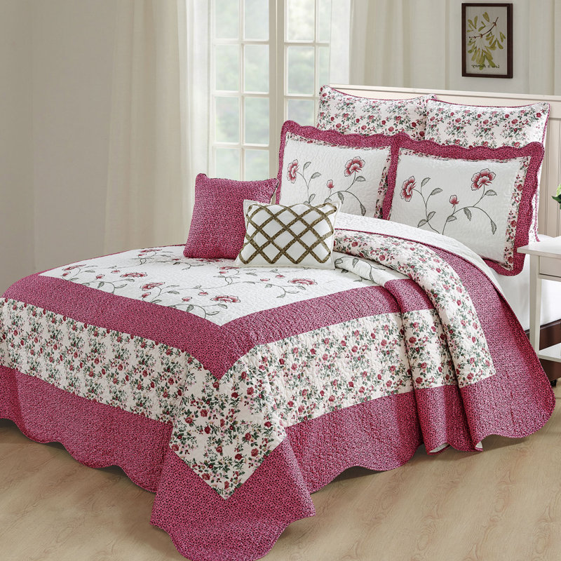 Ensemble de courtepointe 7 pièces Saïgon, Courtepointe très grand + 6 pièces supplémentai, Rose