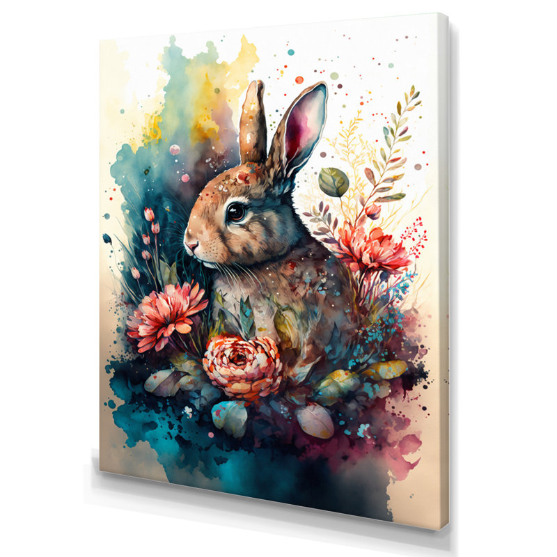 «Cute Rabbit Floral Art I», reproduction d'art sur toile, L 12 po x H 20 po, Toile tendue