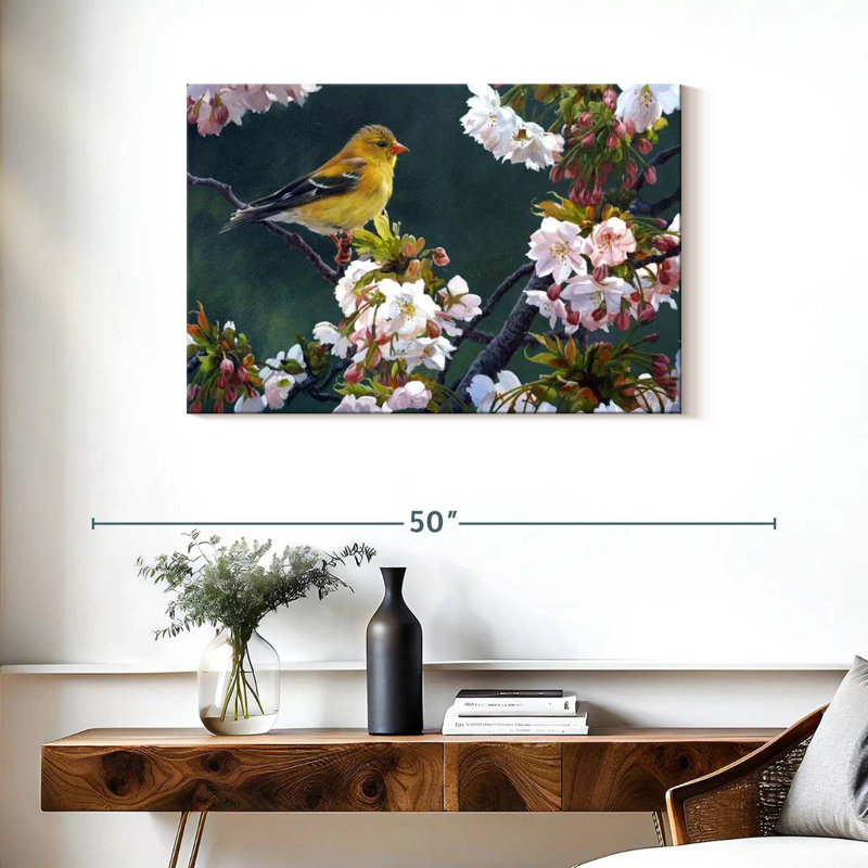 Female Goldfinch And Blossoms