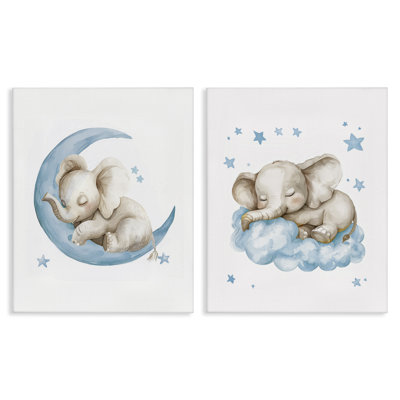 Blue Sleepy Elephant 2 PC Canvas Wall Art Set by LSR Design Studio