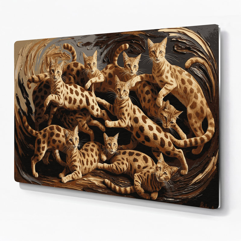 Cats Ocicat, art mural en métal noir, H 132 po x l 168 po x P 0,05 po