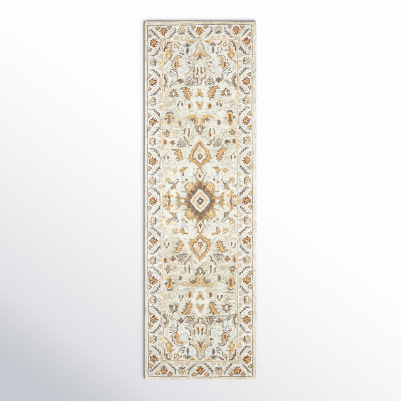 Tapis ivoire / doré / bleu en laine crocheté à la main Eitelfritz, Tapis de couloir 2 pi 6 po x 8 pi