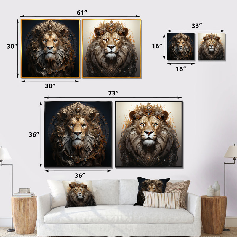 «Crowned Lion In Majesty Portrait I», ensemble d'art mural sur toile en forme de lion, H 16 po x l 33 po x P 1 po