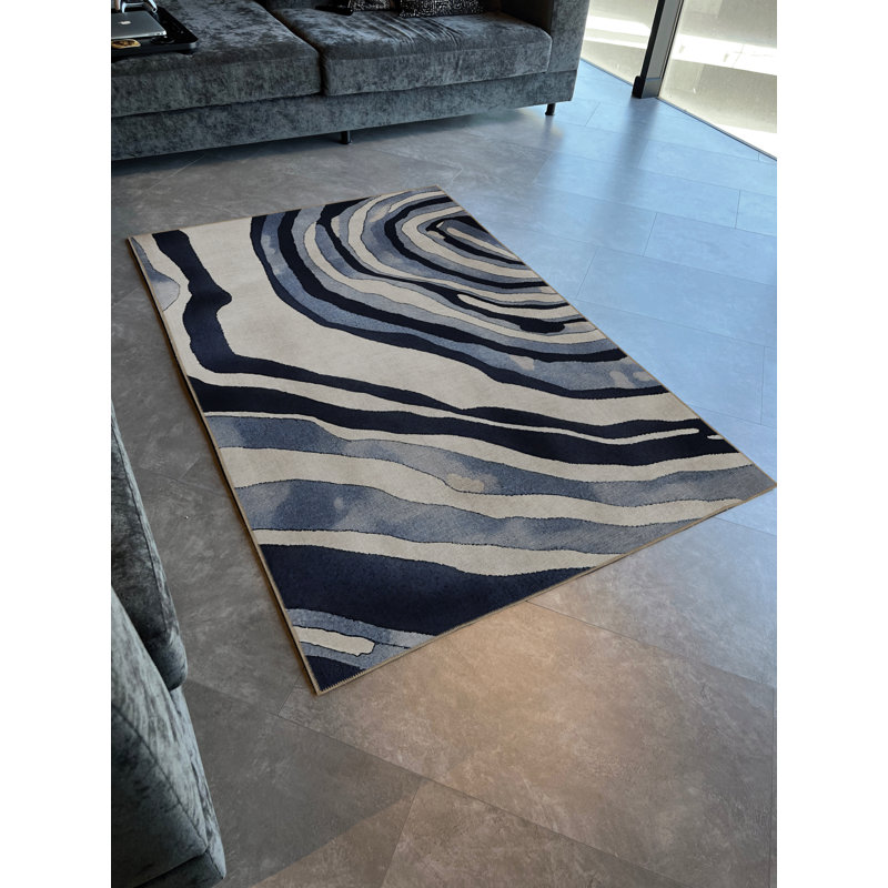 Tapis décoratif moderne à motif abstrait spirale bleu-beige, Rectangle 3 pi 11,24 po x 5 pi 10,87 po