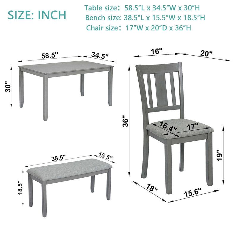 Ensemble de salle à manger de cuisine 6 pièces, table de salle à manger rectangulaire en bois avec 4 chaises rembourrées et un banc, ensemble de table de salle à manger pour 6 personnes, salon, bar et cuisine