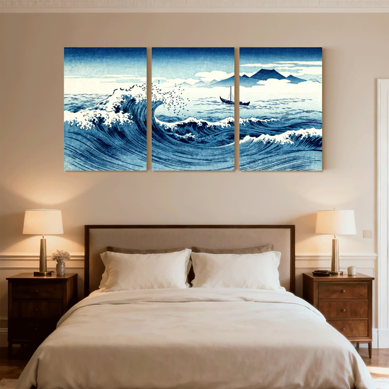 Vague océanique avec bateau et montagnes, ensemble de 3 impressions sur toile, H 18 po x l 36 po