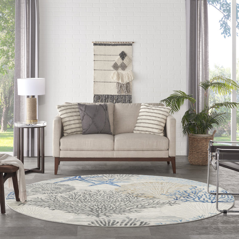 Tapis ivoire / bleu Lilyanna, Rond 5 pi 3 po