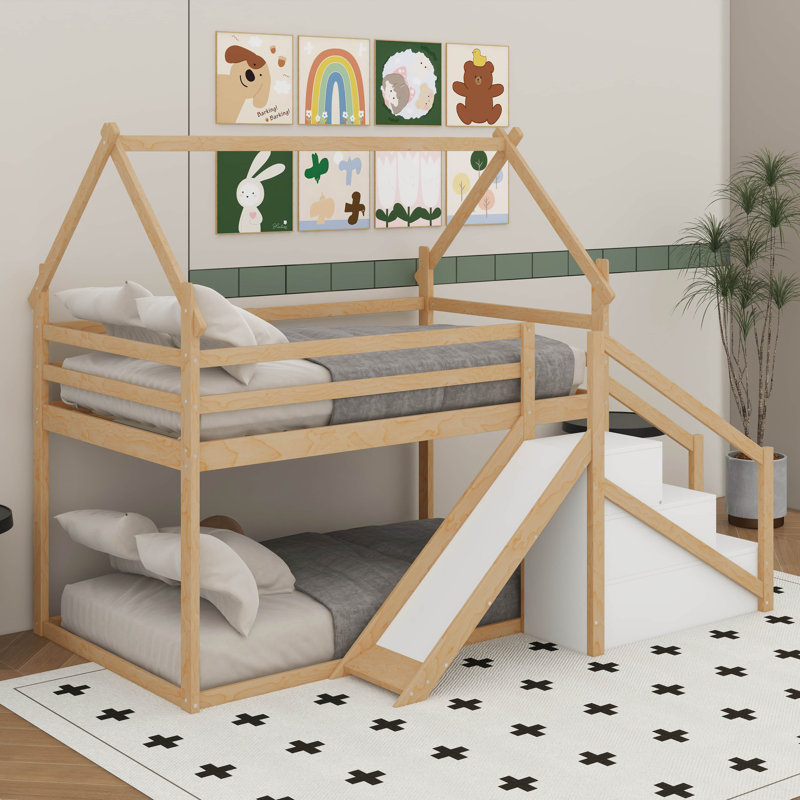 Twin Over Twin House Loft Or Bunk Bed With Staircase And Slide, Natural