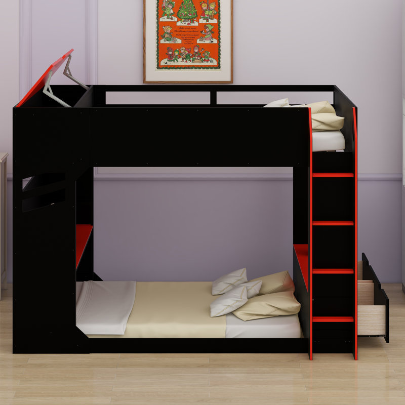 Lit mezzanine avec bureau à hauteur réglable, Rouge